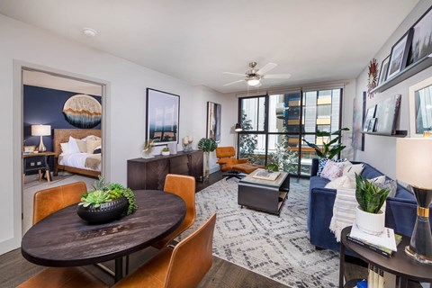 a living room with a couch and a table